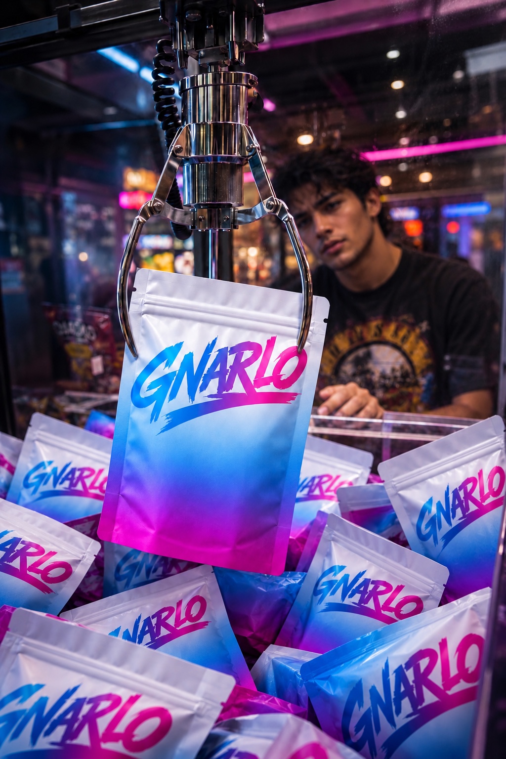 A GNARLO pouch in an arcade claw machine