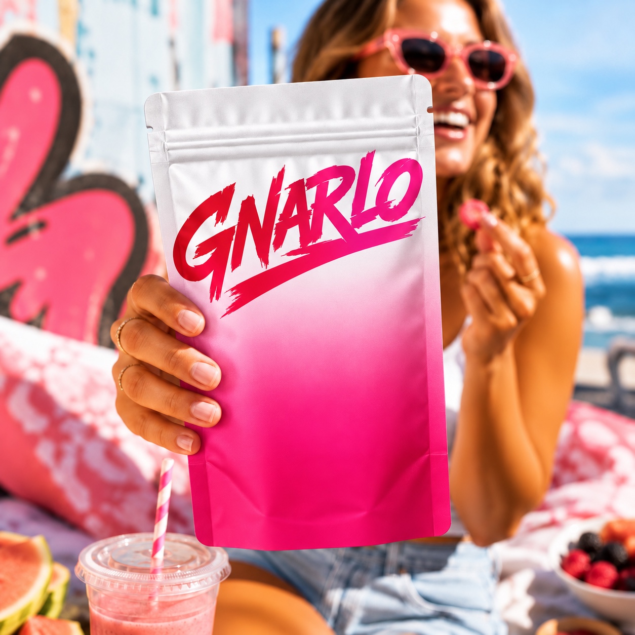 A pink GNARLO pouch at the beach
