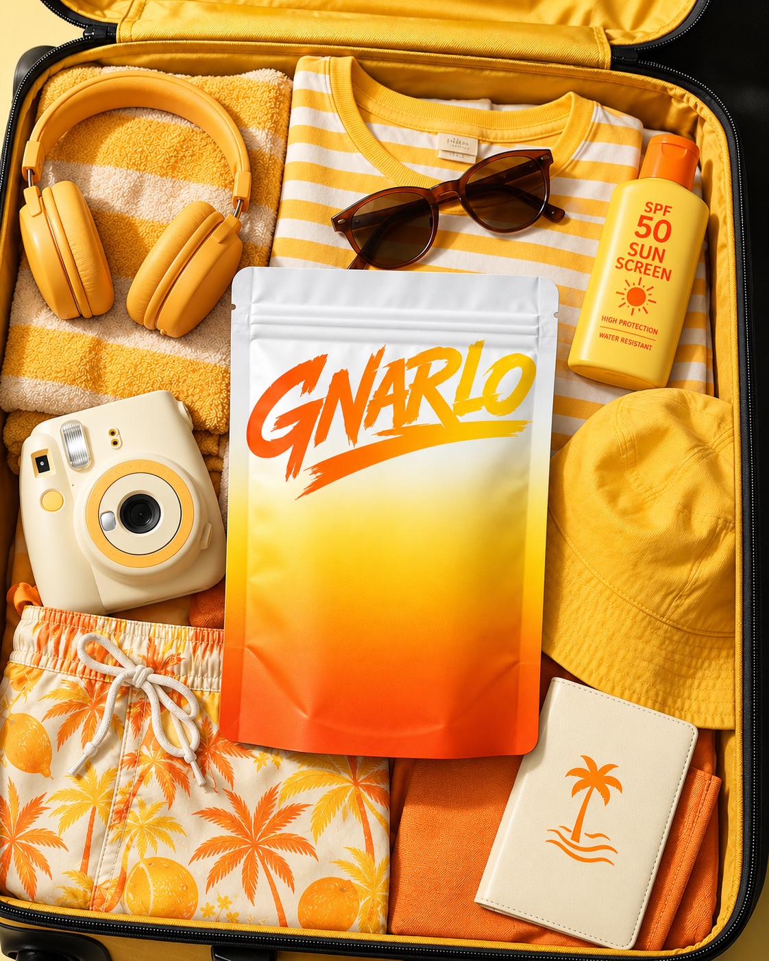 An orange GNARLO pouch packed with yellow holiday essentials