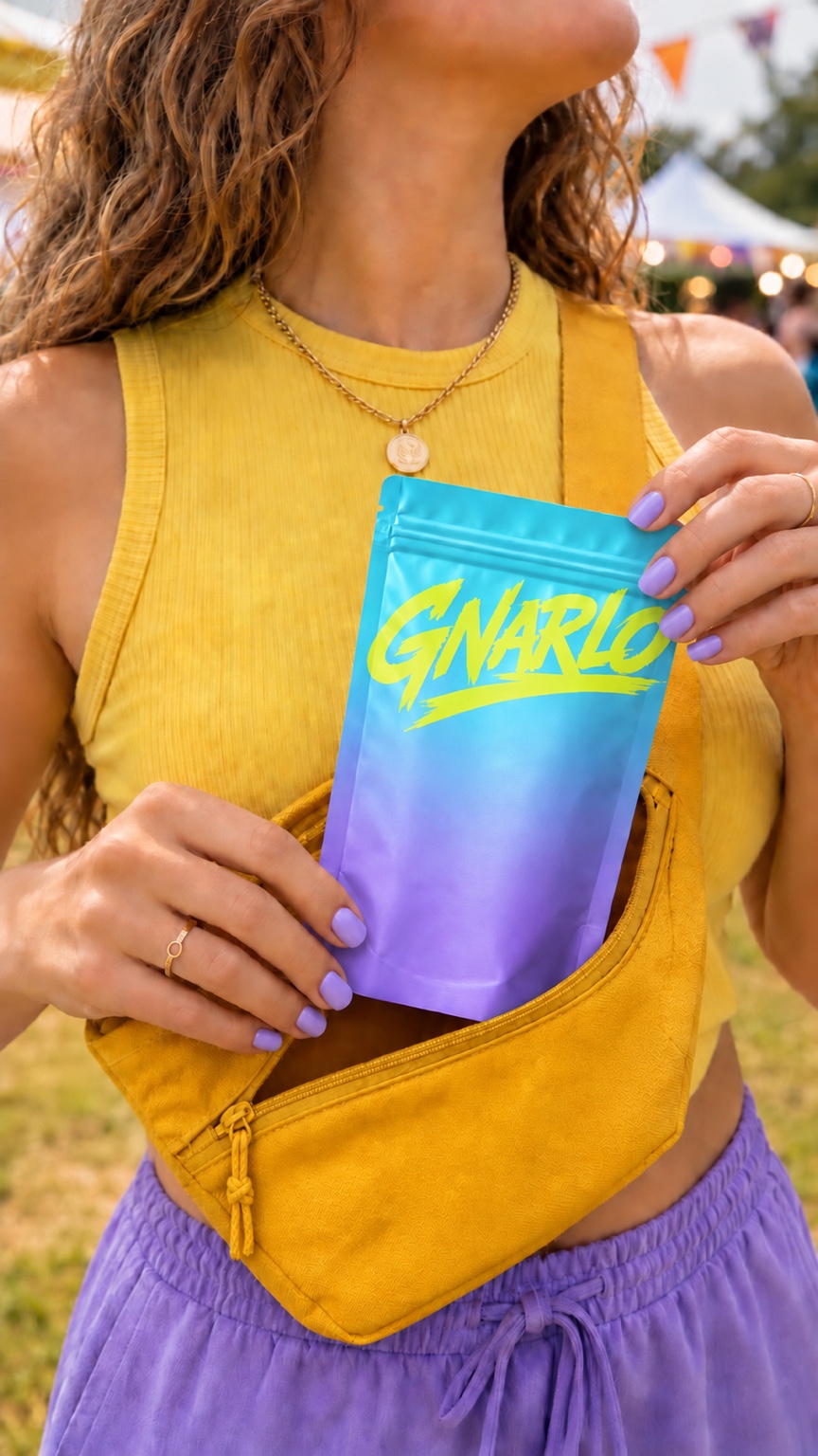 A blue and purple GNARLO pouch tucked into a yellow bag