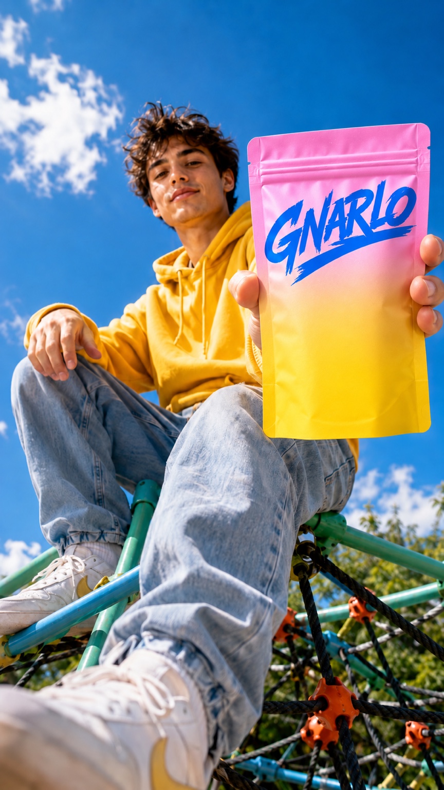 A man holding a pink and yellow GNARLO pouch against a blue sky